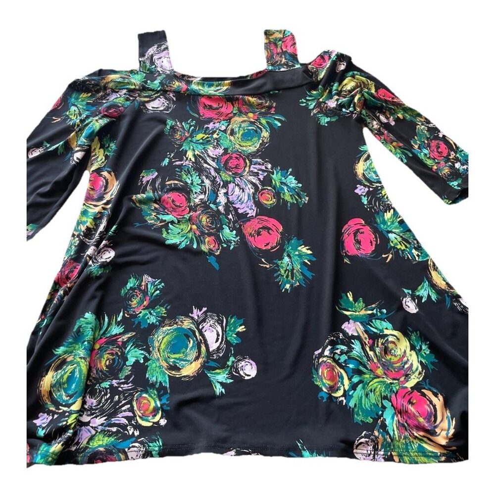 Clara Sun Woo Woman’s Large Flower Rose Print Tunic Top 3/4 Sleeve Sz M USA Made